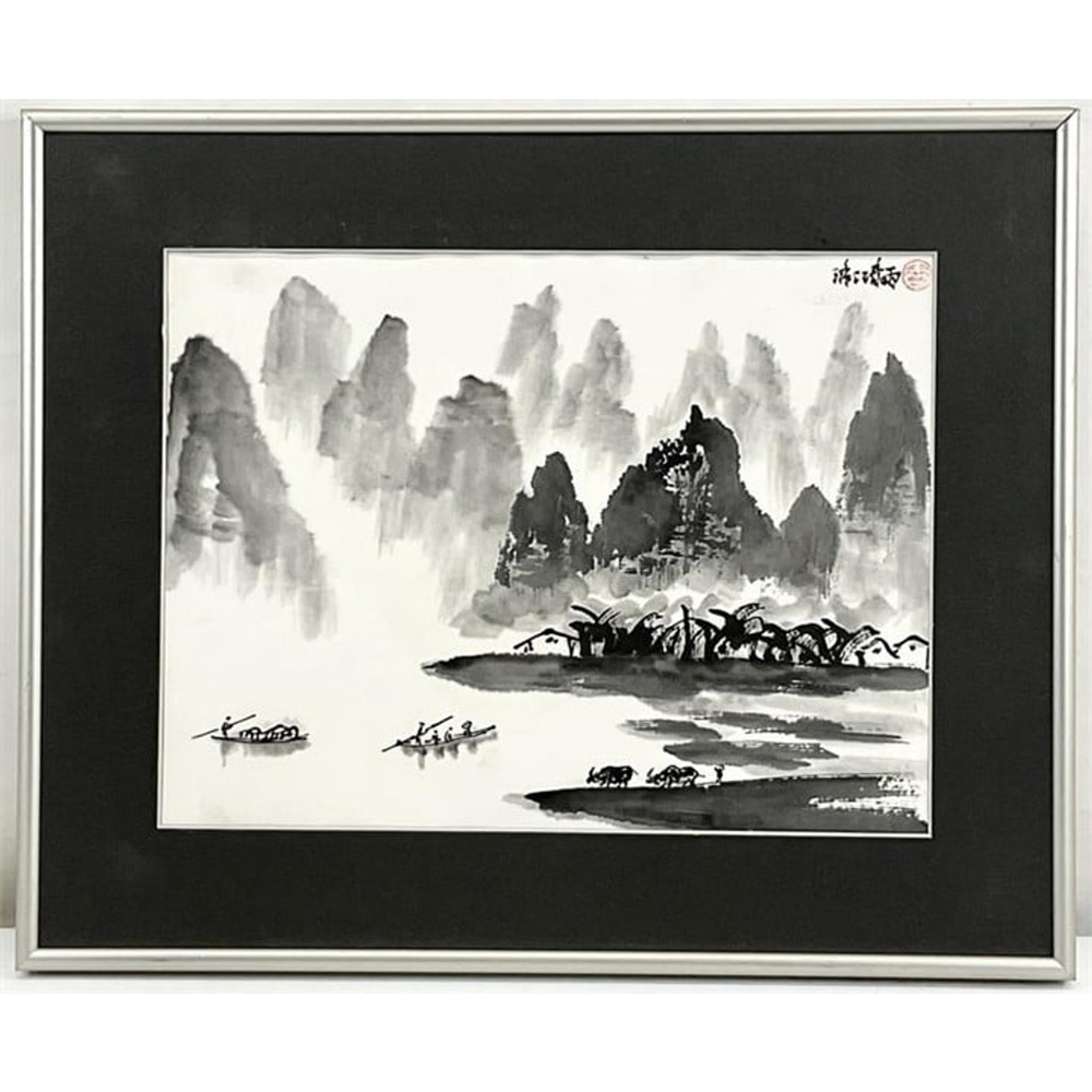 Vintage Chinese Ink Wash Landscape Painting Guilin Boats Water Buffalo Framed